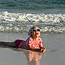 child, beach, ocean, waves, sand, sunglasses, smiling, water, sunlight, shore, summer, happy, casual_clothing, reflection, headwear, outdoor, playful, relaxing, vacation, person