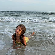 Marharyta is registered to the contest to win money with this photo: child, girl, beach, ocean, water, waves, swimsuit, wet_hair, sand, sea, outdoor, playful, relaxing, summer, vacation, nature, horizon, sky, young, portrait