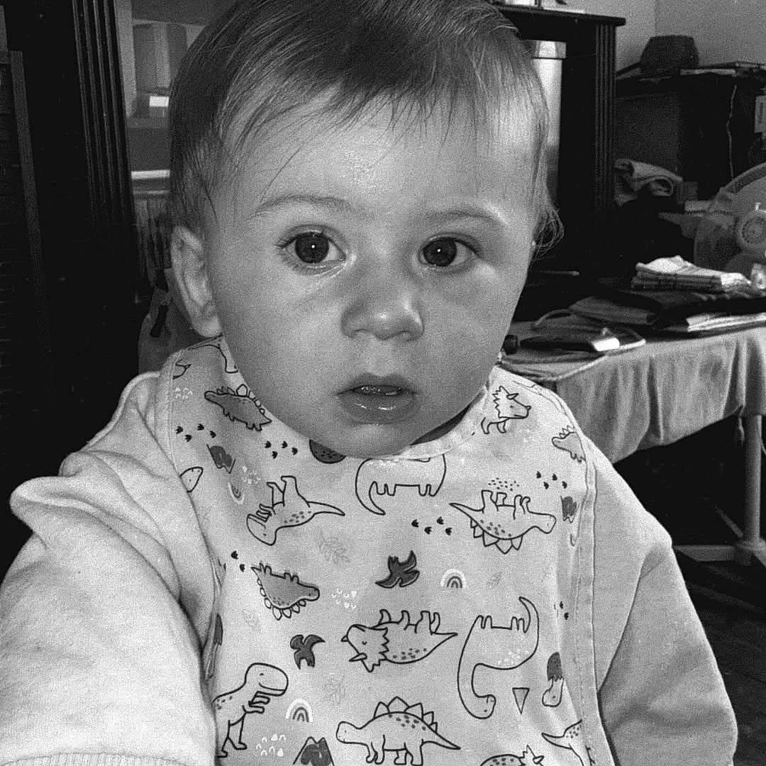 Liam participe au concours pour gagner de l'argent avec cette photo : background, bib, black_and_white, child, clothing, dinosaur_pattern, expression, face, furniture, hair, hand_holding, indoor, nail_polish, person, photograph, portrait, room, sitting, table, toddler