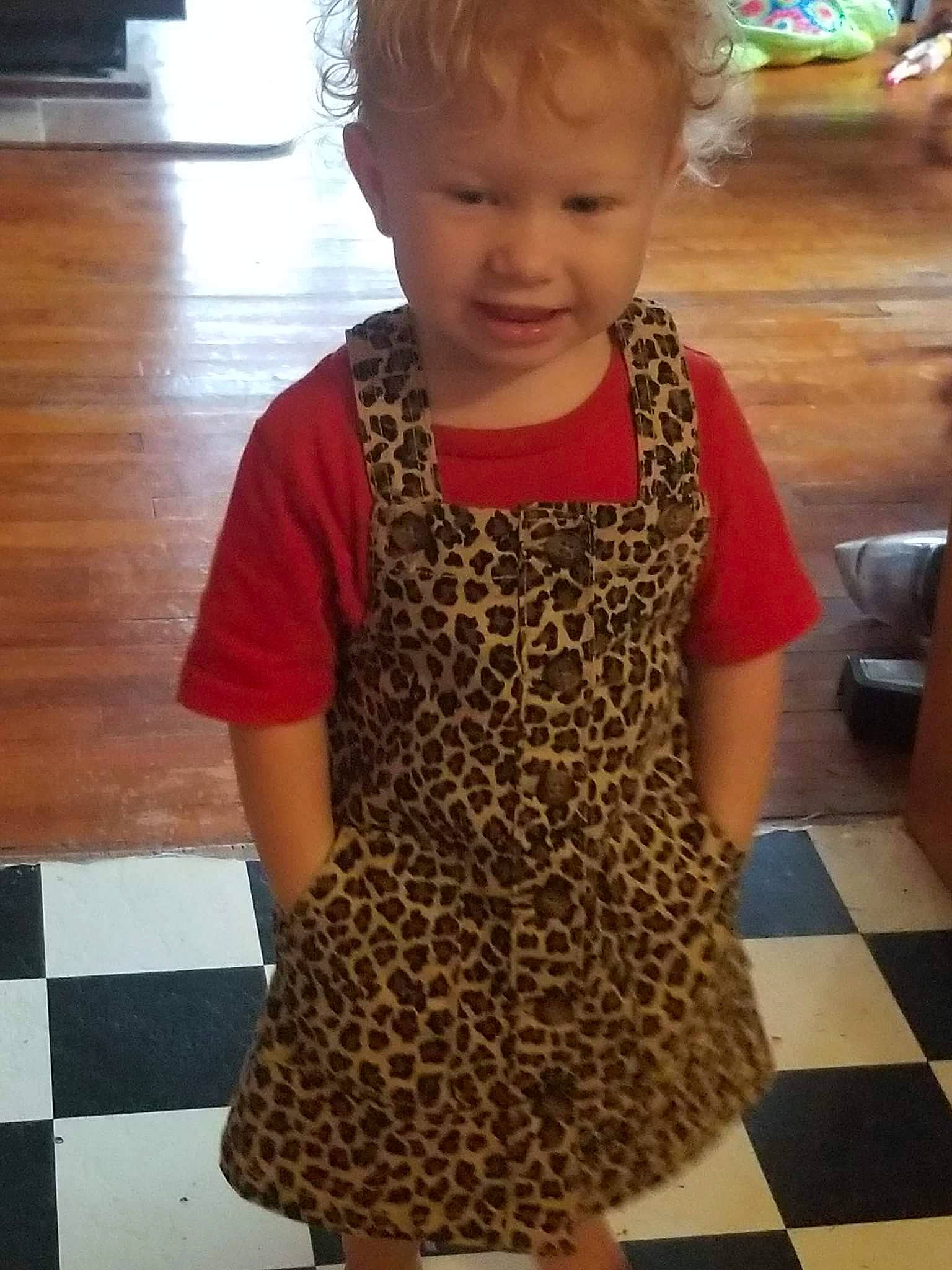 Jazlyn joined the competition — help win amazing prizes! baby_toddler_clothing, dress, floor, flooring, hair, hairstyle, head, knee, neck, person, skin, sleeve, snapshot, sportswear, t_shirt, thigh, toddler, trunk, waist, wood