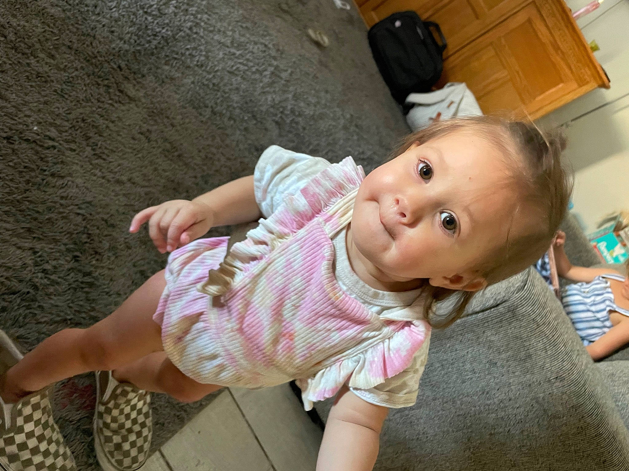 Oaklee joined the competition — help win amazing prizes! baby, baby_toddler_clothing, barefoot, cheek, child, flooring, foot, fun, happy, human_leg, joint, nose, person, pink, sitting, skin, sleeve, thigh, thumb, toddler