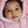 adorable, baby, blanket, child, close_up, cozy, cuddly, eyes, face, fleece, hair, hooded, indoors, infant, jacket, photography, pink, portrait, sleepwear, smiling