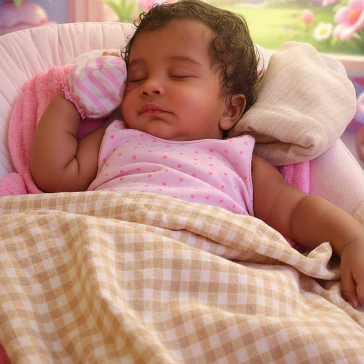 Amelia joined the competition — help win amazing prizes! baby, blanket, butterflies, checkered_pattern, child, cozy, curtains, cute, flowers, indoors, infant, mitten, nursery, peaceful, pillow, pink, portrait, resting, sleeping, soft_lighting