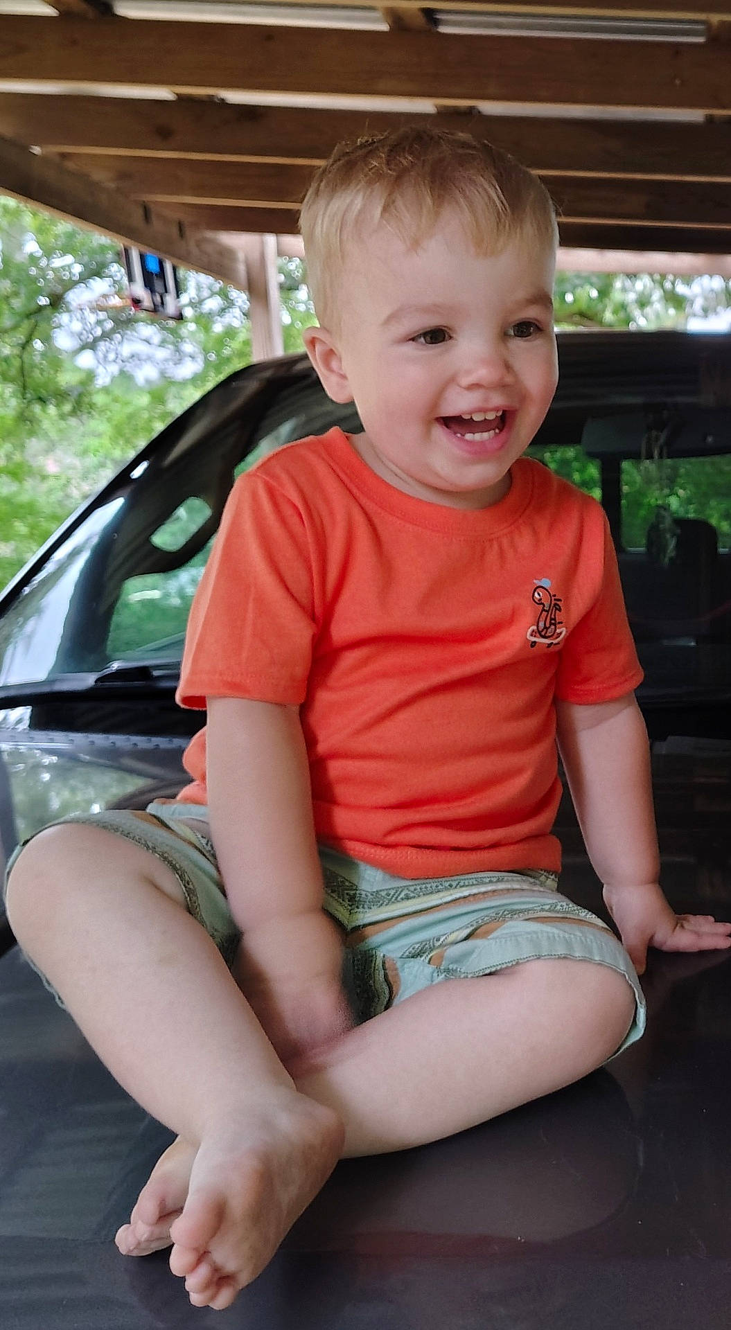 barefoot, casual, child, cute, daylight, happy, laughing, orange_shirt, outdoor, person, playful, portrait, shorts, sitting, smiling, toddler, trees, vehicle, wooden_beams, young