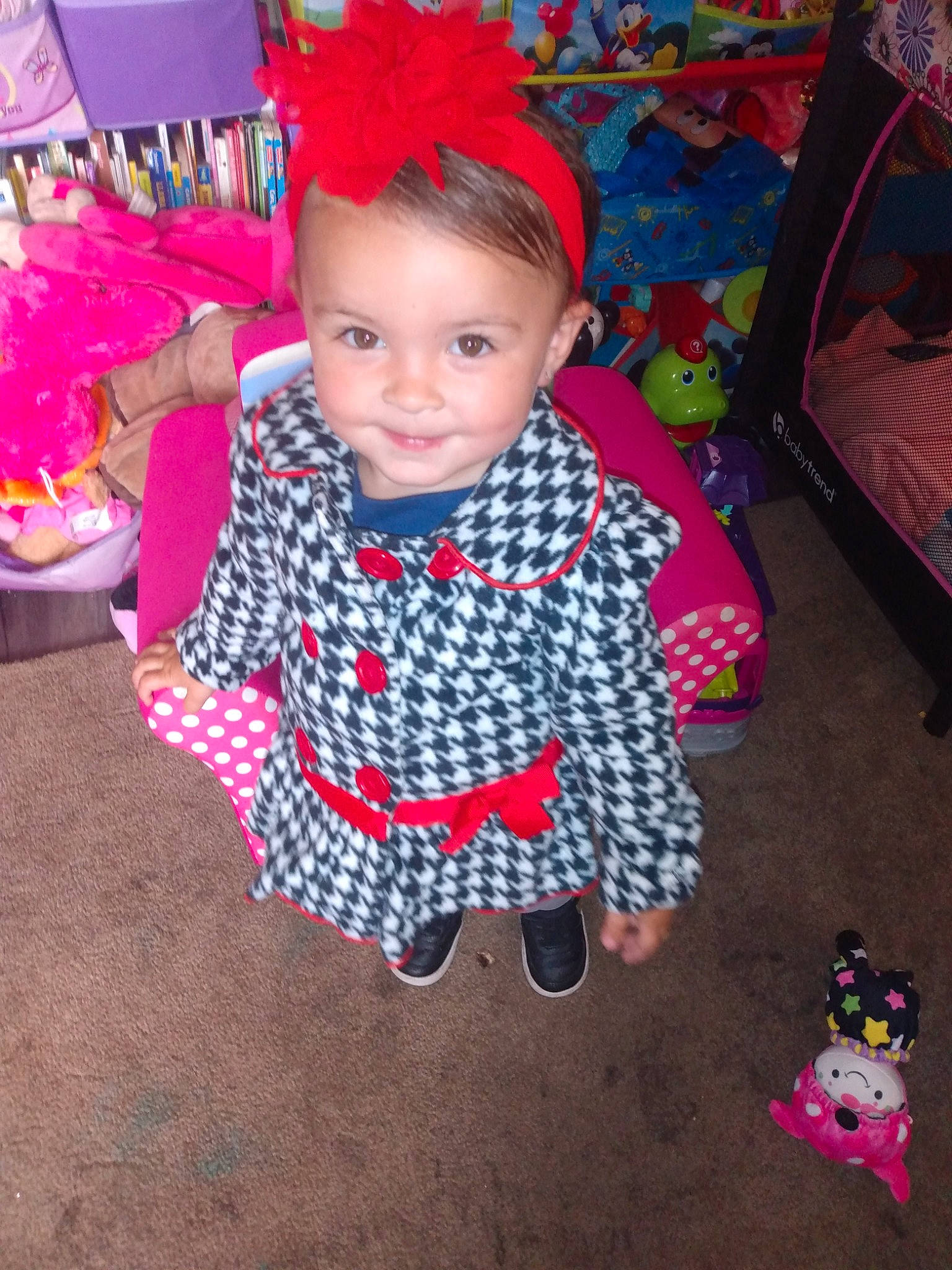 Kya joined the competition — help win amazing prizes! baby, baby_toddler_clothing, cheek, child, flooring, fun, hairstyle, happy, head, joy, orange, pattern, people, person, pink, play, product, red, skin, sleeve