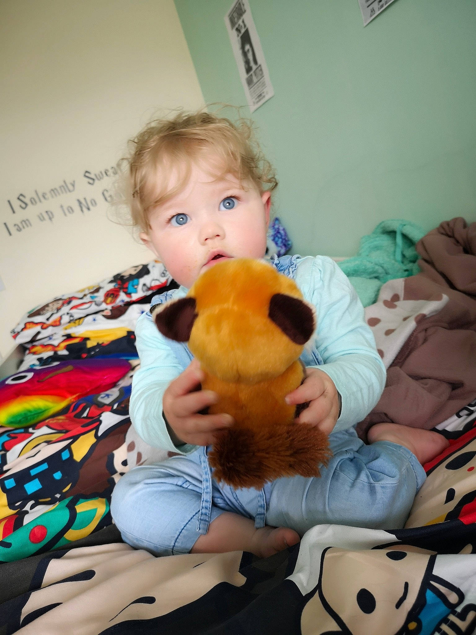 Thalia is registered to the contest to win money with this photo: baby, baby_products, baby_toys, cheek, child, furniture, head, person, play, plush, product, room, sitting, skin, stuffed_toy, teddy_bear, toddler, toy
