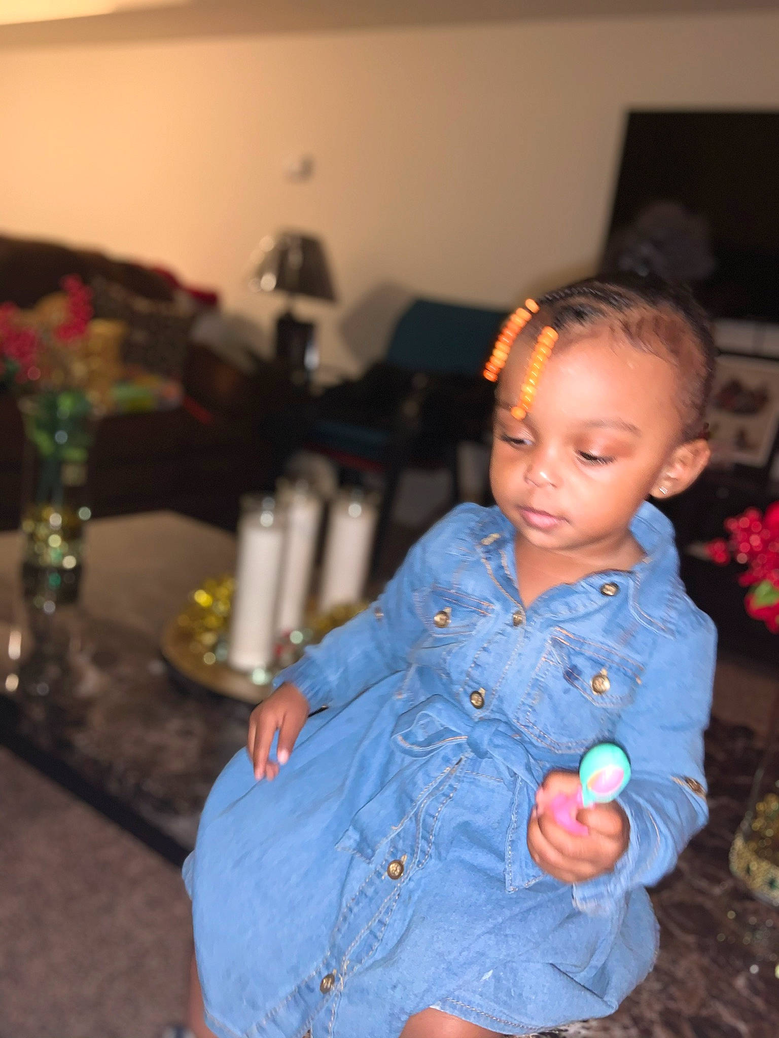 Maleah joined the competition — help win amazing prizes! baby, baby_toddler_clothing, baby_toys, button, denim, ear, iris, overall, person, toddler, toy