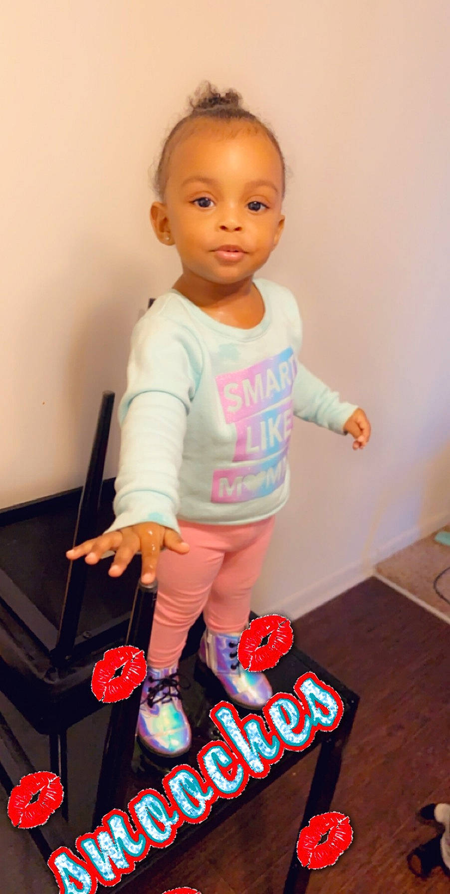 Maleah joined the competition — help win amazing prizes! active_pants, active_tank, ankle, baby_toddler_clothing, balance, cheek, child, foot, logo, person, pink, shoulder, sock, sweatpant