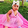 baby, backyard, bow, child, cute, face, fashion, grass, hair_bow, hand, infant, outdoor, photography, pink_blanket, pink_dress, portrait, sitting, sock, tulle, wide_eyed