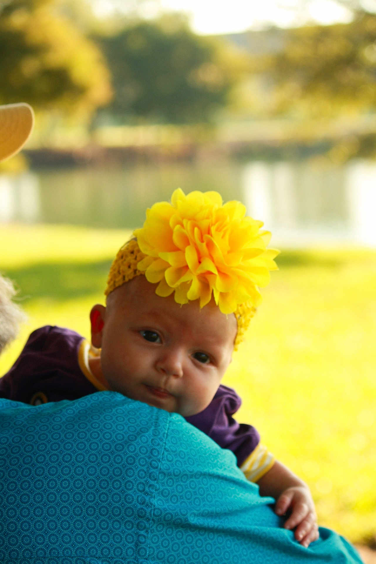 Rayne joined the competition — help win amazing prizes! baby, flower_headband, yellow, outdoor, nature, greenery, person, child, cute, portrait, infant, head, clothing, hand, shoulder, sunlight, shallow_depth_of_field, family, summer, soft_focus