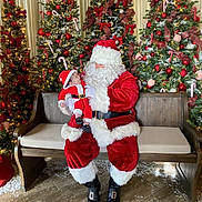 Emmett is registered to the contest to win money with this photo: baby, child, santa_claus, christmas_trees, holiday, bench, red_clothing, white_fur_trim, decorations, ribbons, candy_canes, lights, festive, indoor, floor, wood, smiling, person, seasonal, celebration