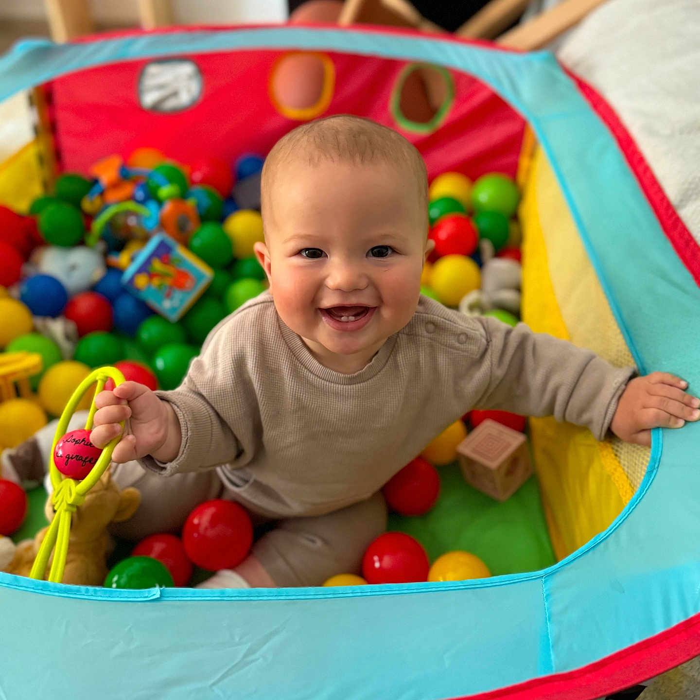 Lino participe au concours pour gagner de l'argent avec cette photo : baby, background, ball_pit, child, clothing, colorful, cushion, cute, face, floor, hands, happy, indoor, infant, person, play, playtime, room, smile, toy
