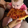 Ariella joined the competition — help win amazing prizes! arm, baby, bite, cheese, child, closeup, comfort, cute, feeding, food, hand, indoor, legs, meal, person, pink_clothing, pizza, sitting, snack, tattoo