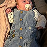 Ariella joined the competition — help win amazing prizes! baby, pacifier, blue_dress, corduroy, wooden_buttons, blanket, infant, lying_down, cute, indoors, soft_lighting, cartoon_embroidery, hand, face, clothing, child, person, fabric, comfort, young