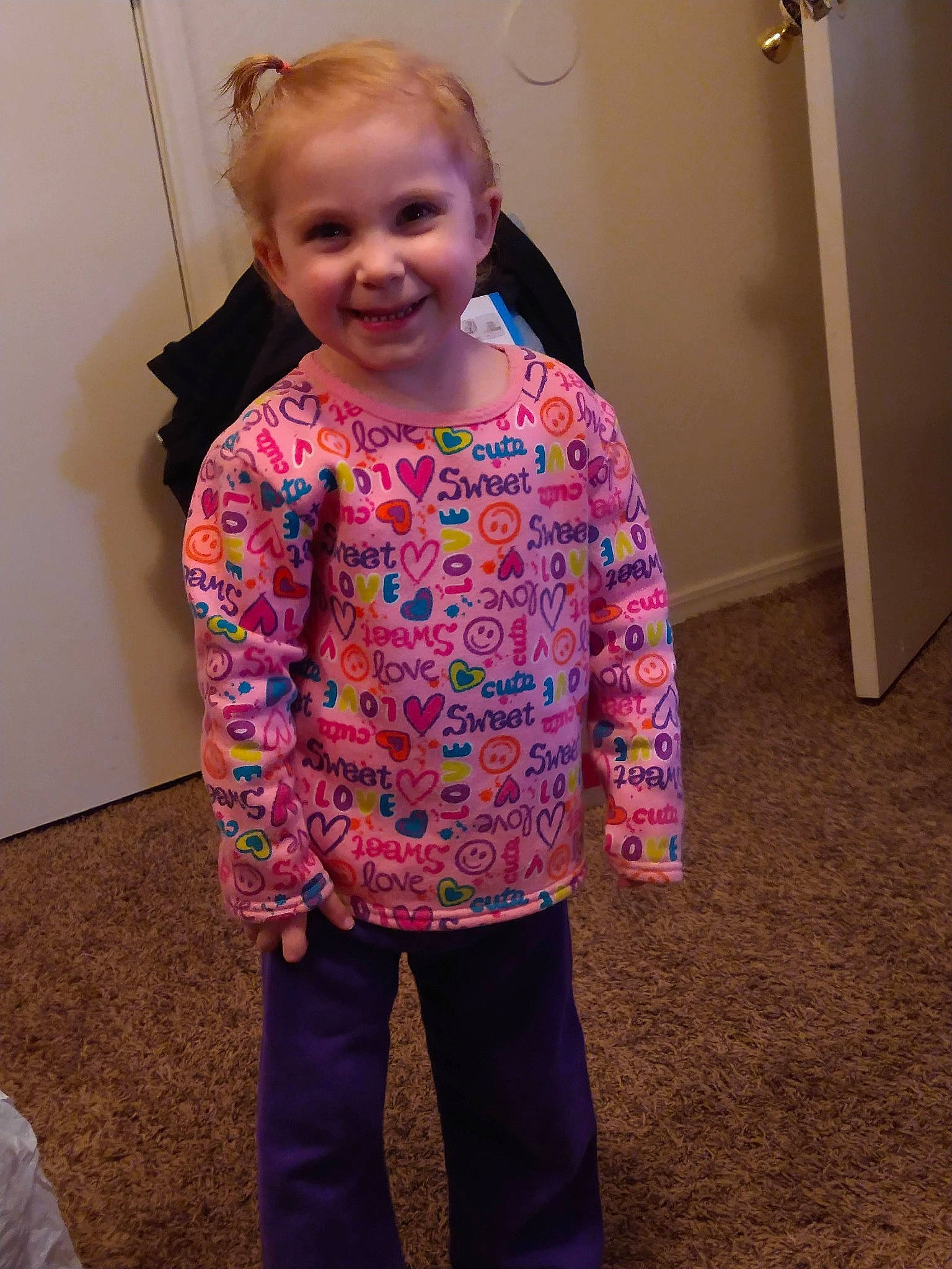 Torie-nicole joined the competition — help win amazing prizes! active_pants, baby_toddler_clothing, cheek, child, eye, face, flooring, fun, hair, hairstyle, happy, joy, magenta, pattern, person, pink, purple, sleeve, smile, sweatpant