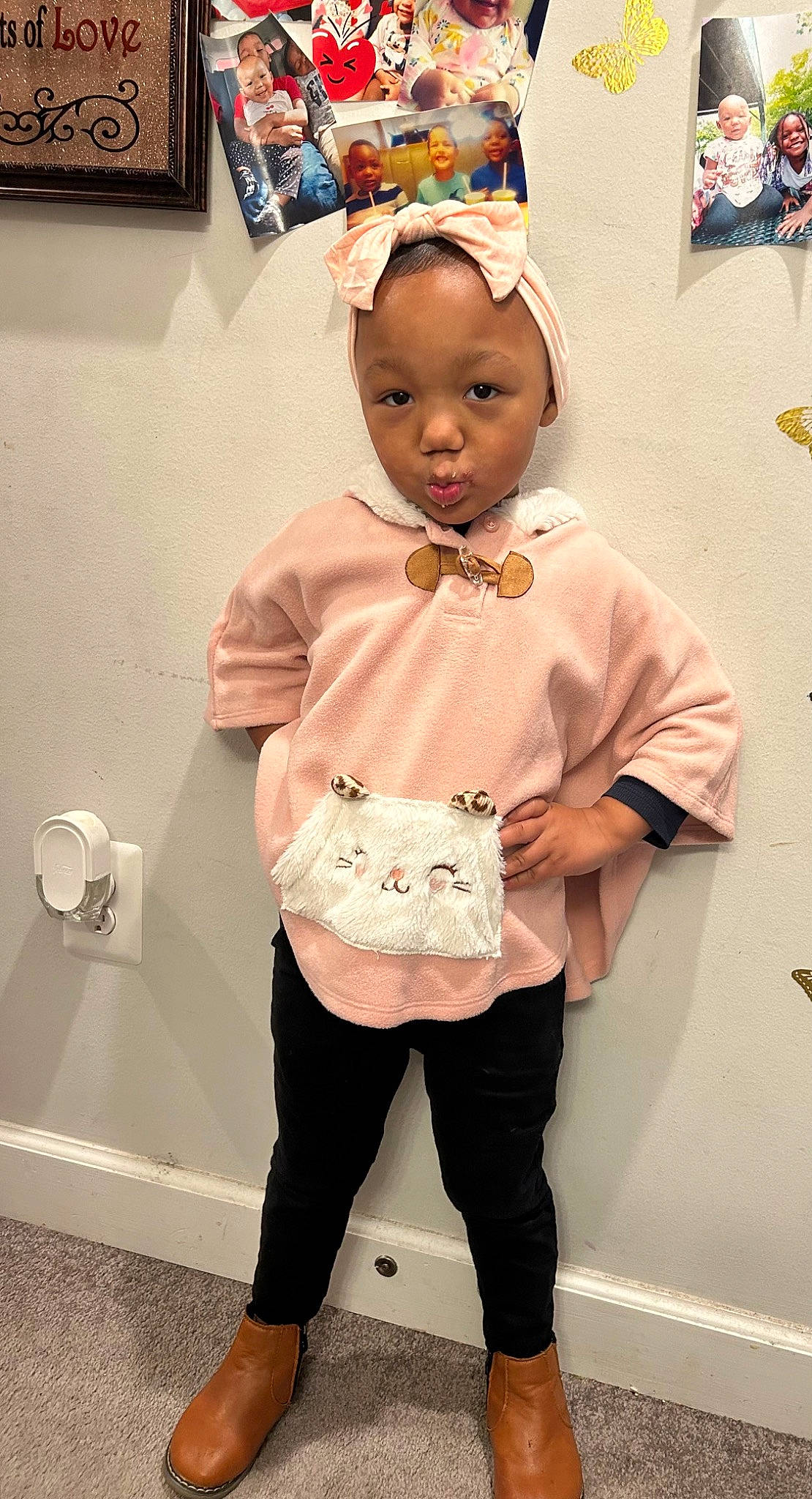 Amya joined the competition — help win amazing prizes! baby, baby_toddler_clothing, cap, child, costume, costume_hat, fashion_accessory, joy, party_supply, pattern, peach, person, picture_frame, pink, sleeve, t_shirt, toddler, top