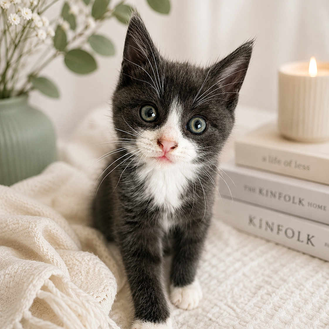 Apollo is registered to the contest to win money with this photo: kitten, cat, tuxedo_cat, pet, animal, cute, curious, blanket, candle, books, flower_vase, white_flowers, soft_light, indoor, cozy, feline, whiskers, paws, closeup, young
