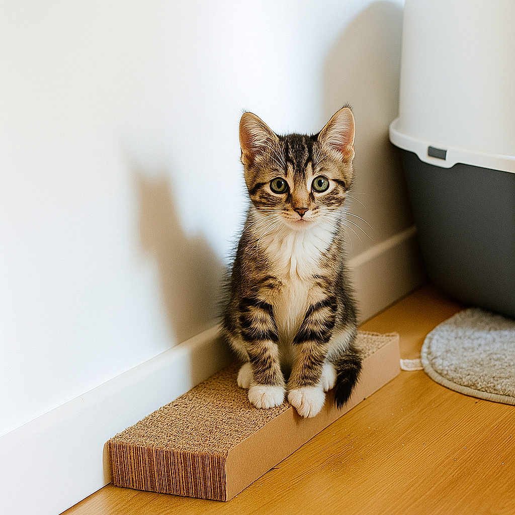 Pompon a rejoint le concours — aidez-le/la à gagner de superbes lots ! animal, cardboard, cat, curious, cute, domestic, feline, floor, indoor, kitten, litter_box, pet, scratcher, shadow, sitting, small, tabby, white_wall, wooden_floor, young