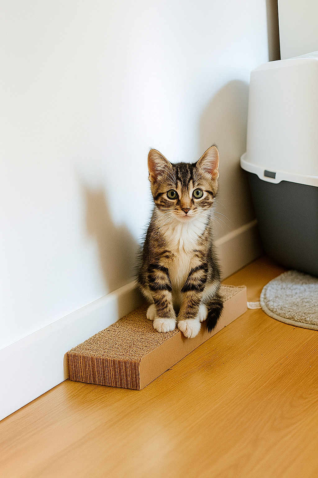 Pompon a rejoint le concours — aidez-le/la à gagner de superbes lots ! kitten, cat, tabby, pet, indoor, scratcher, cardboard, floor, shadow, litter_box, curious, young, small, cute, feline, animal, domestic, white_wall, wooden_floor, sitting