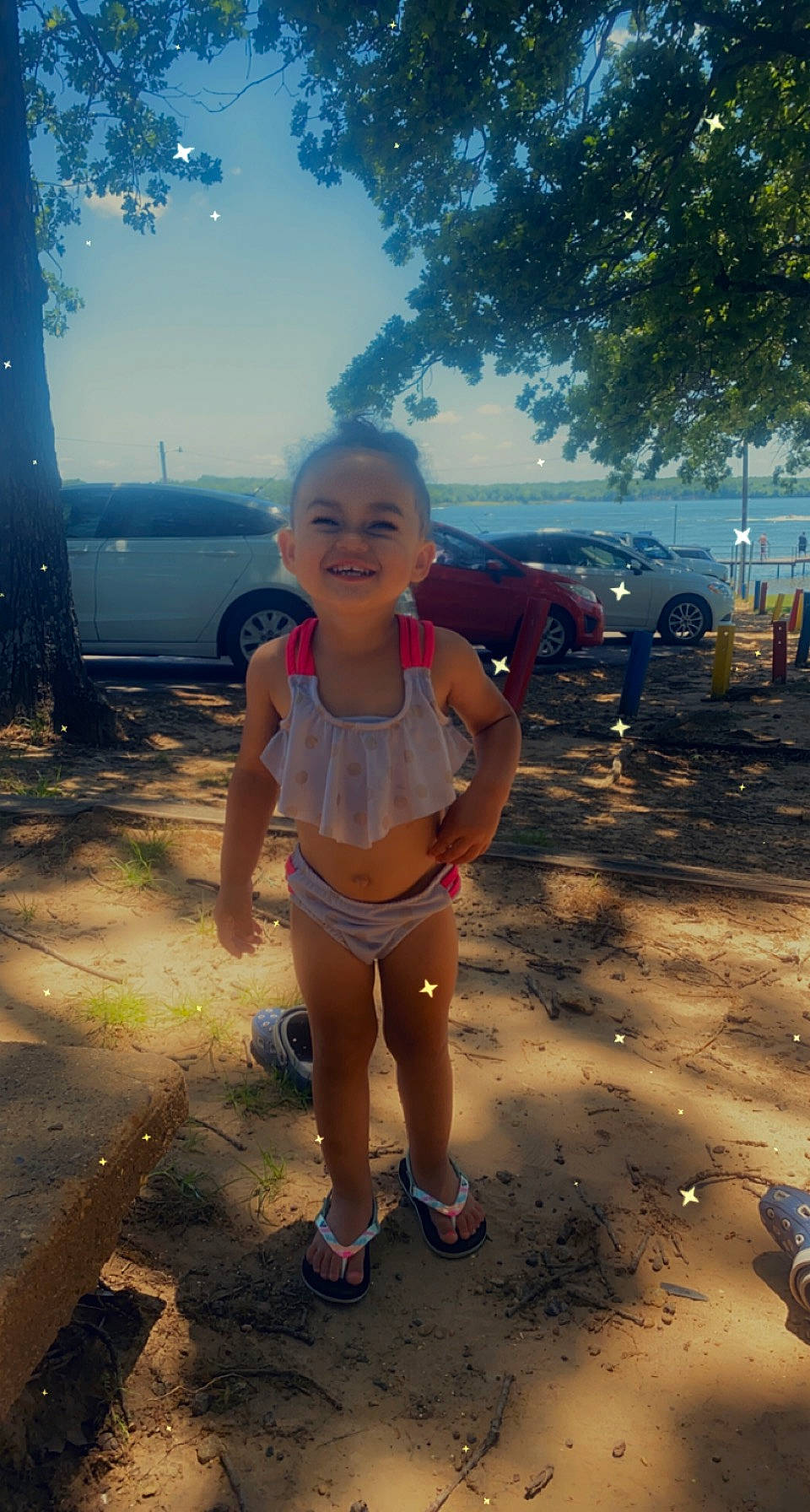 Kimber is registered to the contest to win money with this photo: brassiere, car, chest, cool, fun, happy, joy, leg, leisure, morning, person, sky, sunlight, swimsuit_top, swimwear, thigh, tire, toddler, tree, undergarment