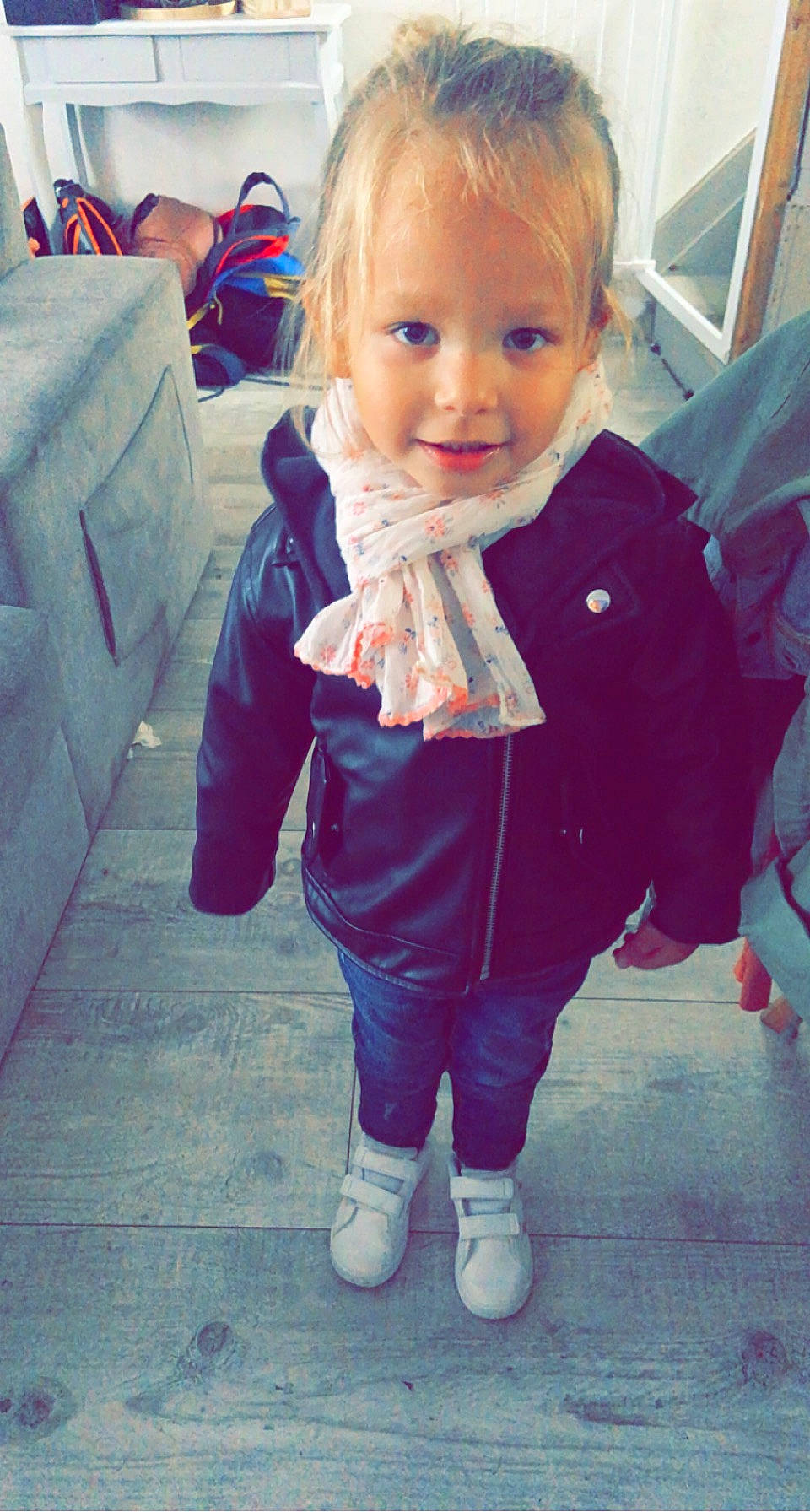 Rose participe au concours pour gagner de l'argent avec cette photo : baby_toddler_clothing, cheek, clothing, dress, electric_blue, eye, face, facial_expression, fun, hair, hairstyle, happy, head, iris, jacket, leg, person, sleeve, smile, snapshot