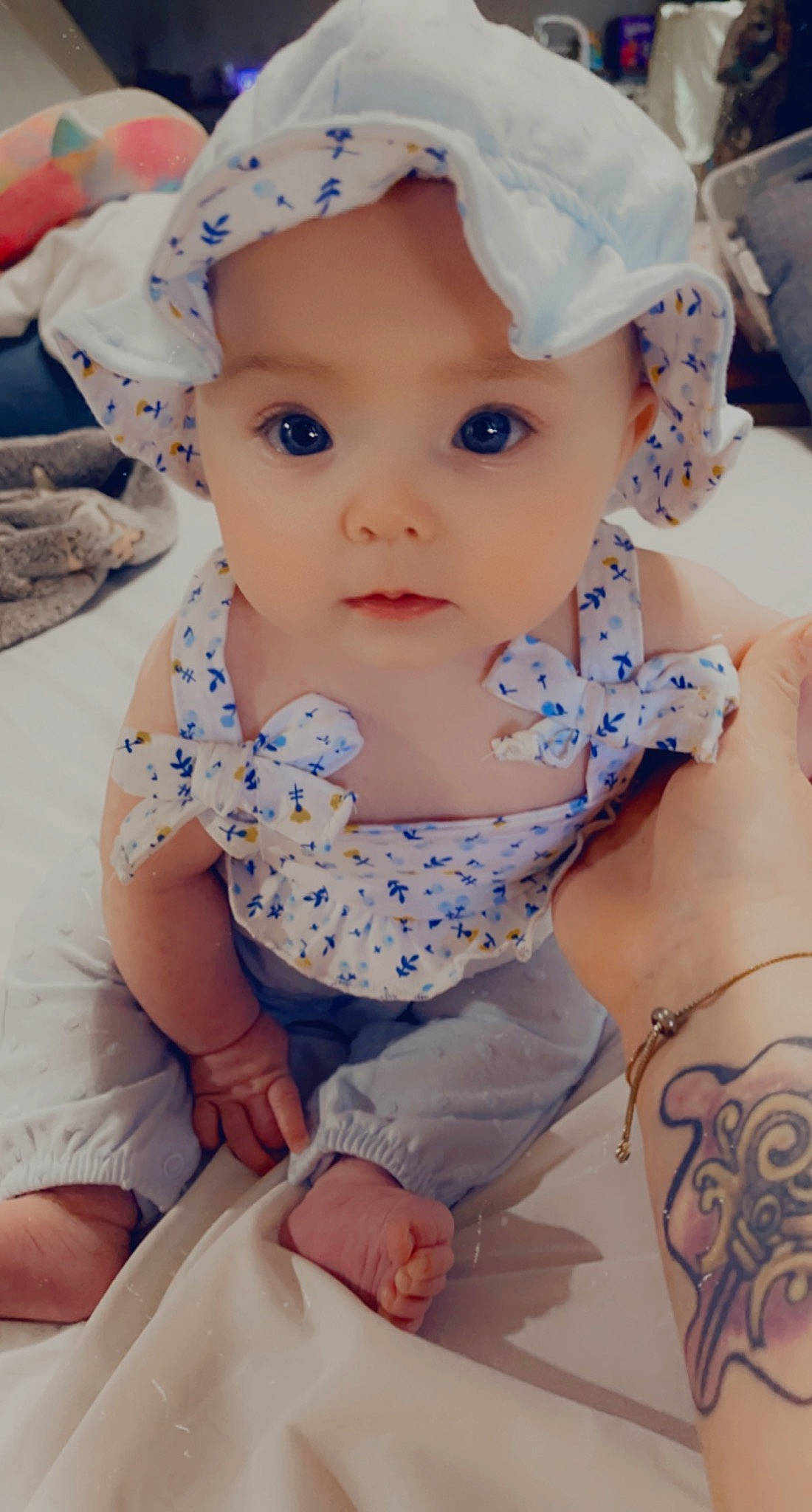 Ari joined the competition — help win amazing prizes! arm, baby, baby_toddler_clothing, beauty, cheek, child, dress, eye, eyelash, finger, happy, headwear, iris, lip, pattern, person, pink, purple, skin, sleeve