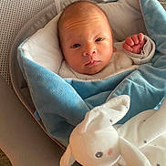 Charly a rejoint le concours — aidez-le/la à gagner de superbes lots ! baby, blanket, blue_blanket, child, cozy, cushion, cute, face, hand, indoors, infant, newborn, person, plush_toy, portrait, resting, seated, soft_toy, white_bunny, wrapped