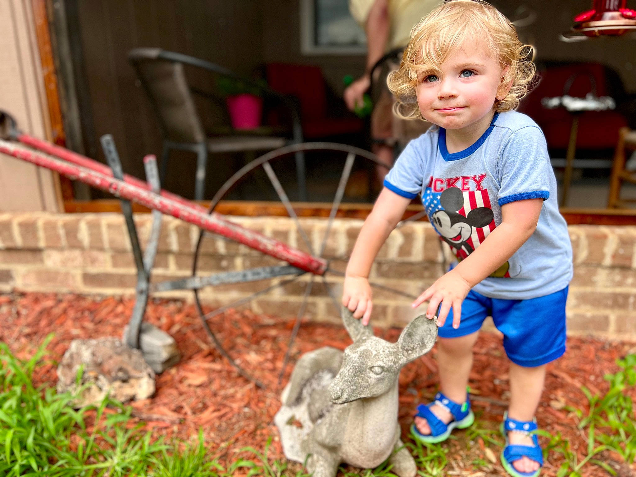 Donavan joined the competition — help win amazing prizes! baby, canidae, chair, child, fun, garden, grass, happy, lawn_ornament, leisure, people_in_nature, person, plant, play, recreation, shorts, sitting, smile, soil, toddler