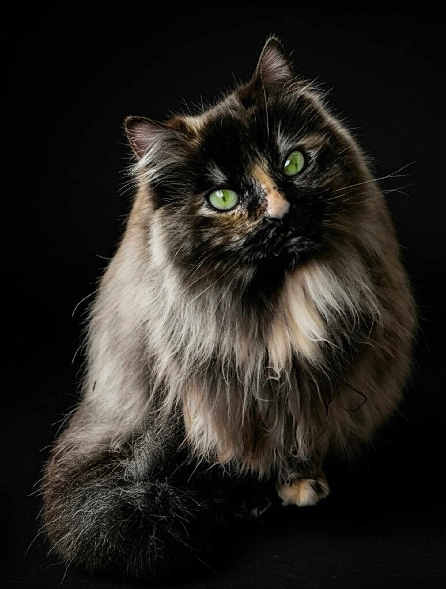 Koko joined the competition — help win amazing prizes! cat, long_hair, green_eyes, fluffy, portrait, black_background, animal, pet, feline, curious, close_up, whiskers, soft_fur, sitting, mammal, indoor, cute, alert, domestic_animal, beautiful