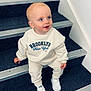 Gerard is registered to the contest to win money with this photo: toddler, child, stairs, carpet, sitting, sneakers, sweatshirt, pants, indoor, smiling, blond_hair, blue_eyes, clothing, footwear, person, cute, young_child, portrait, happy, casual