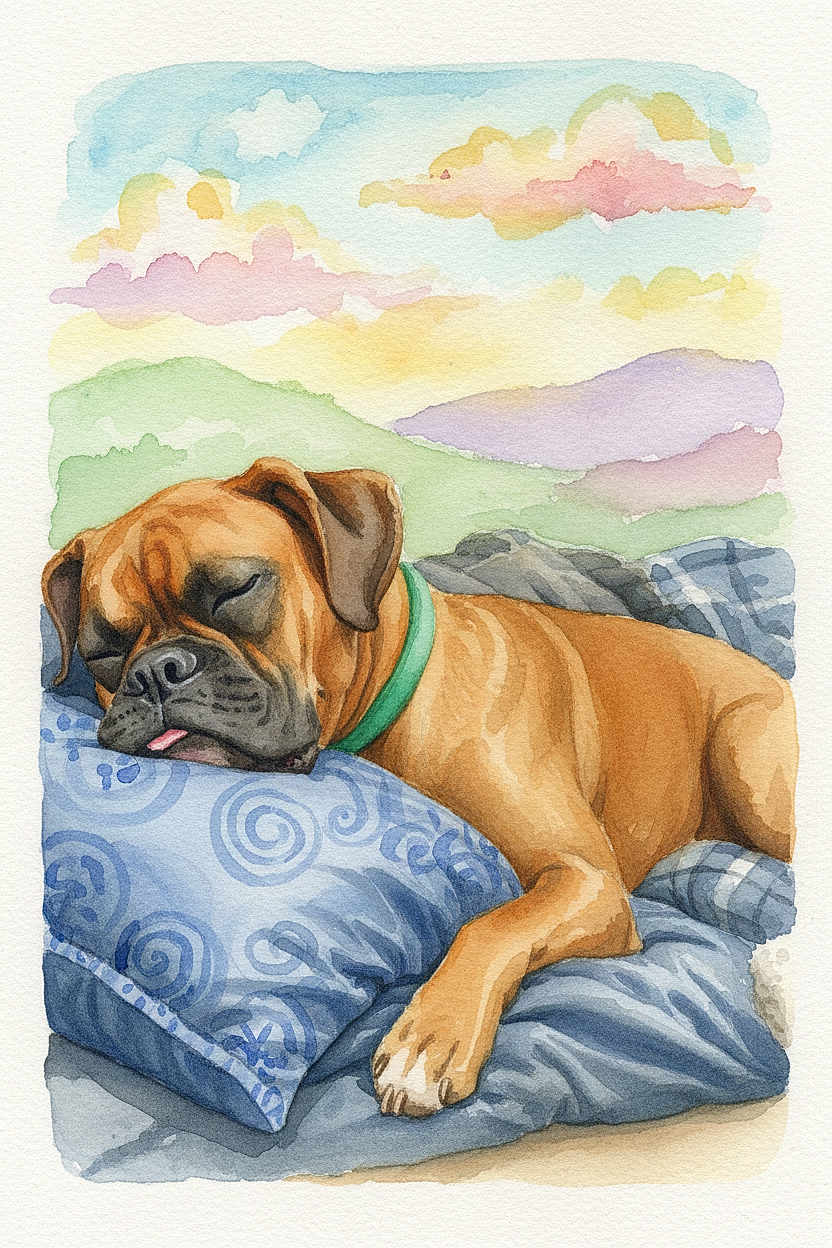 Jasmine Storm joined the competition — help win amazing prizes! dog, sleeping_dog, boxer, pillow, blue_cushion, bedding, watercolor, painting, illustration, tongue_out, green_collar, relaxed, cozy, portrait, pastel_clouds, landscape, hills, artwork, indoor, cute
