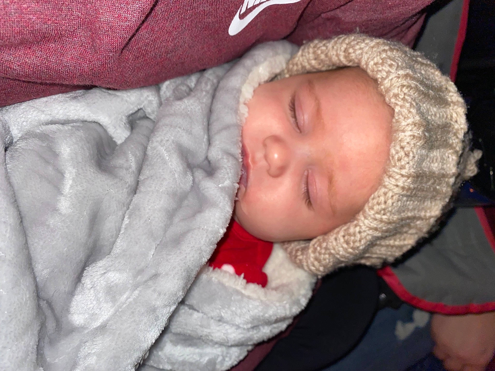 Bexley joined the competition — help win amazing prizes! baby, baby_sleeping, baby_toddler_clothing, beanie, bonnet, carmine, cheek, comfort, fur, headwear, knit_cap, lip, nap, person, red, sleep, textile, toddler, wool
