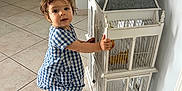 Lilyrose participe au concours pour gagner de l'argent avec cette photo : child, toddler, blue_dress, barefoot, tile_floor, birdcage, decor, indoor, standing, curious, short_hair, home, person, young_child, looking_up, holding, white_birdcage, furniture, light_wall, door