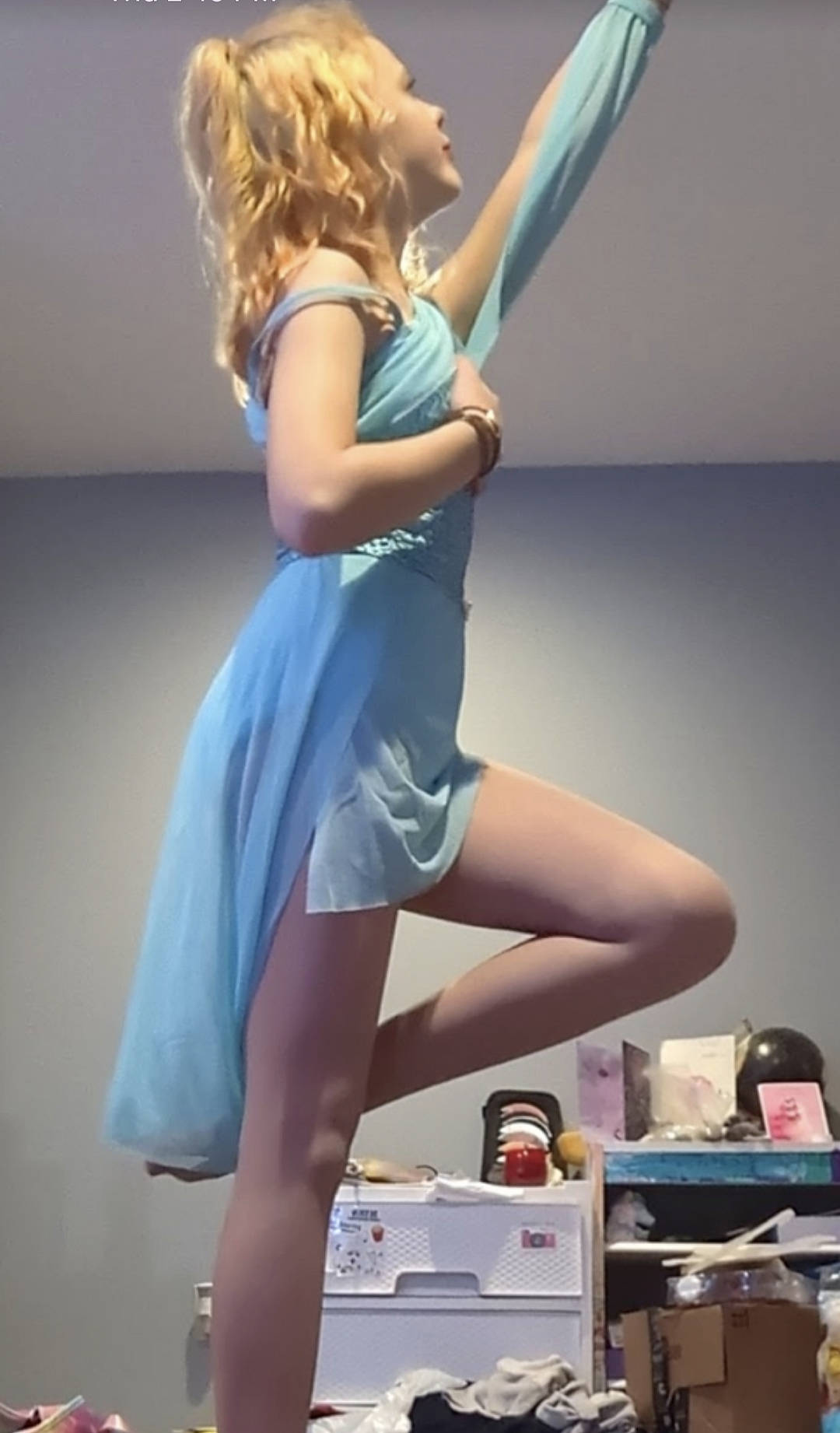 Kinzie joined the competition — help win amazing prizes! blond, calf, dress, electric_blue, entertainment, event, fashion_design, fashion_model, flash_photography, human_leg, joint, knee, long_hair, performing_arts, person, shipping_box, shoe, sportswear, thigh, trunk