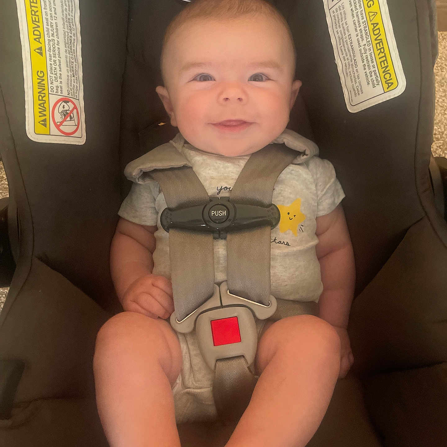 Hudson joined the competition — help win amazing prizes! accessories, baby, belt, car, car_interior, carseat, clothing, cushion, face, happy, head, homedecor, lifejacket, person, photography, portrait, smile, transportation, vehicle, vest