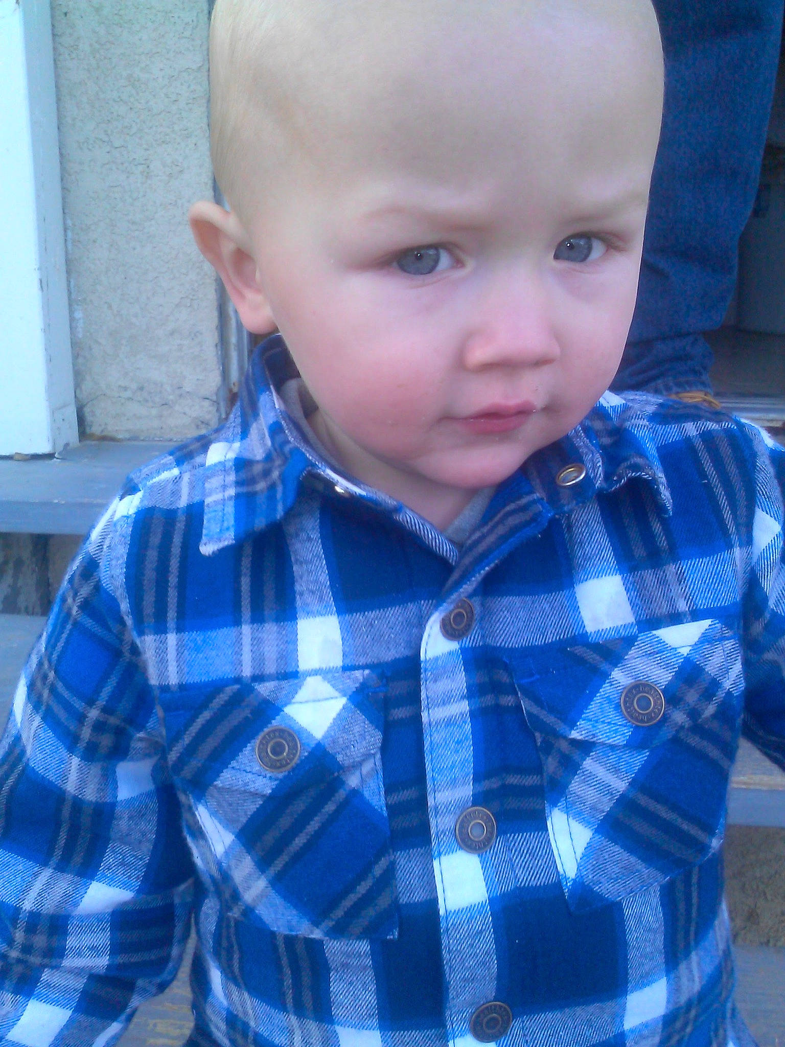 Caleb joined the competition — help win amazing prizes! baby, baby_toddler_clothing, blue, cheek, chin, collar, cool, dress_shirt, electric_blue, iris, lip, neck, nose, pattern, person, plaid, sitting, sleeve, t_shirt, tartan