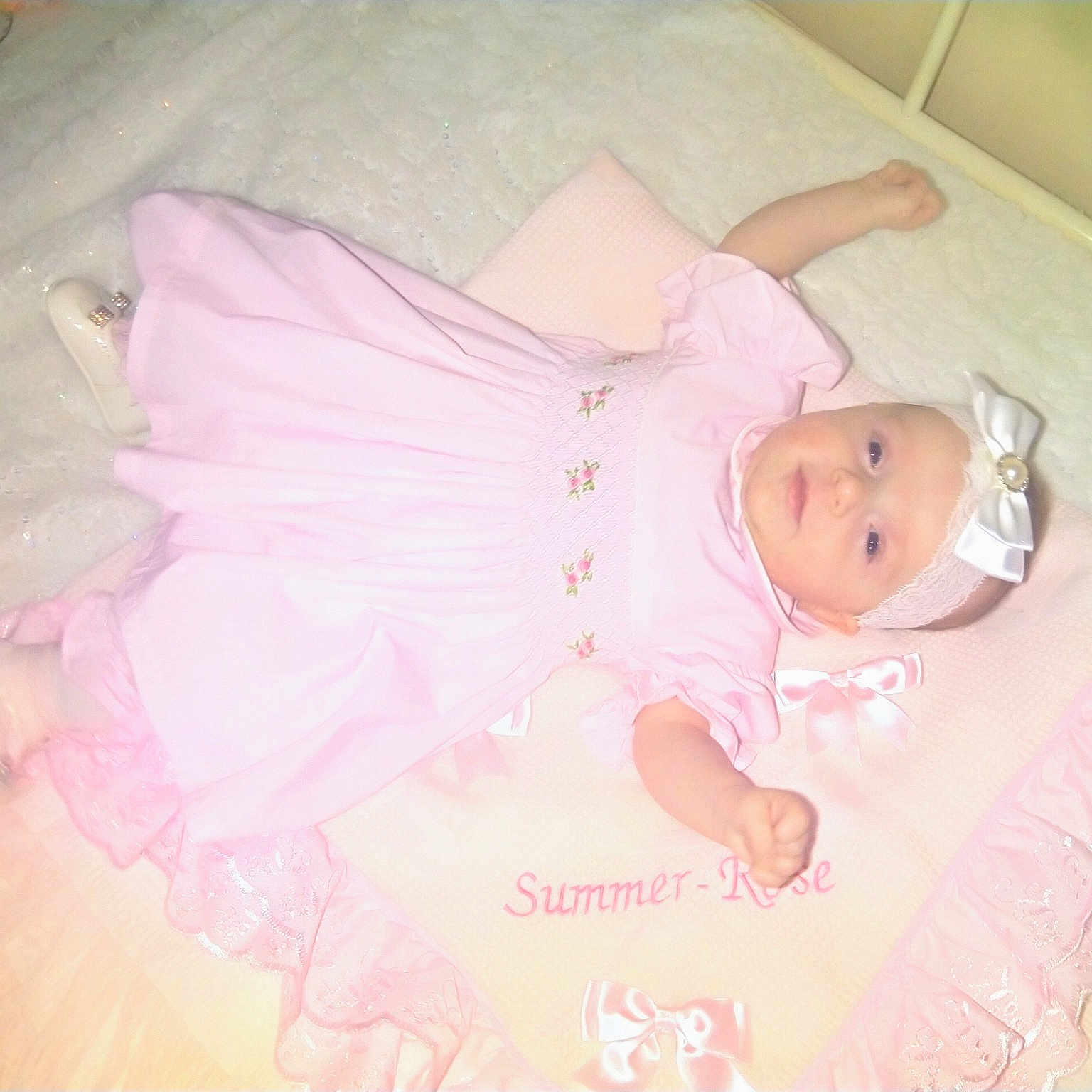 Summer-rose is registered to the contest to win money with this photo: baby_products, beauty, bed, child, eye, girl, hair_accessory, human_hair_color, infant, iris, pink, product, skin, textile, toddler