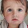 child, toddler, face, wet_hair, towel, skin, expression, curious, closeup, indoors, portrait, young_child, innocence, cute, looking_up, person, baby, head, eyelashes, pink_lips
