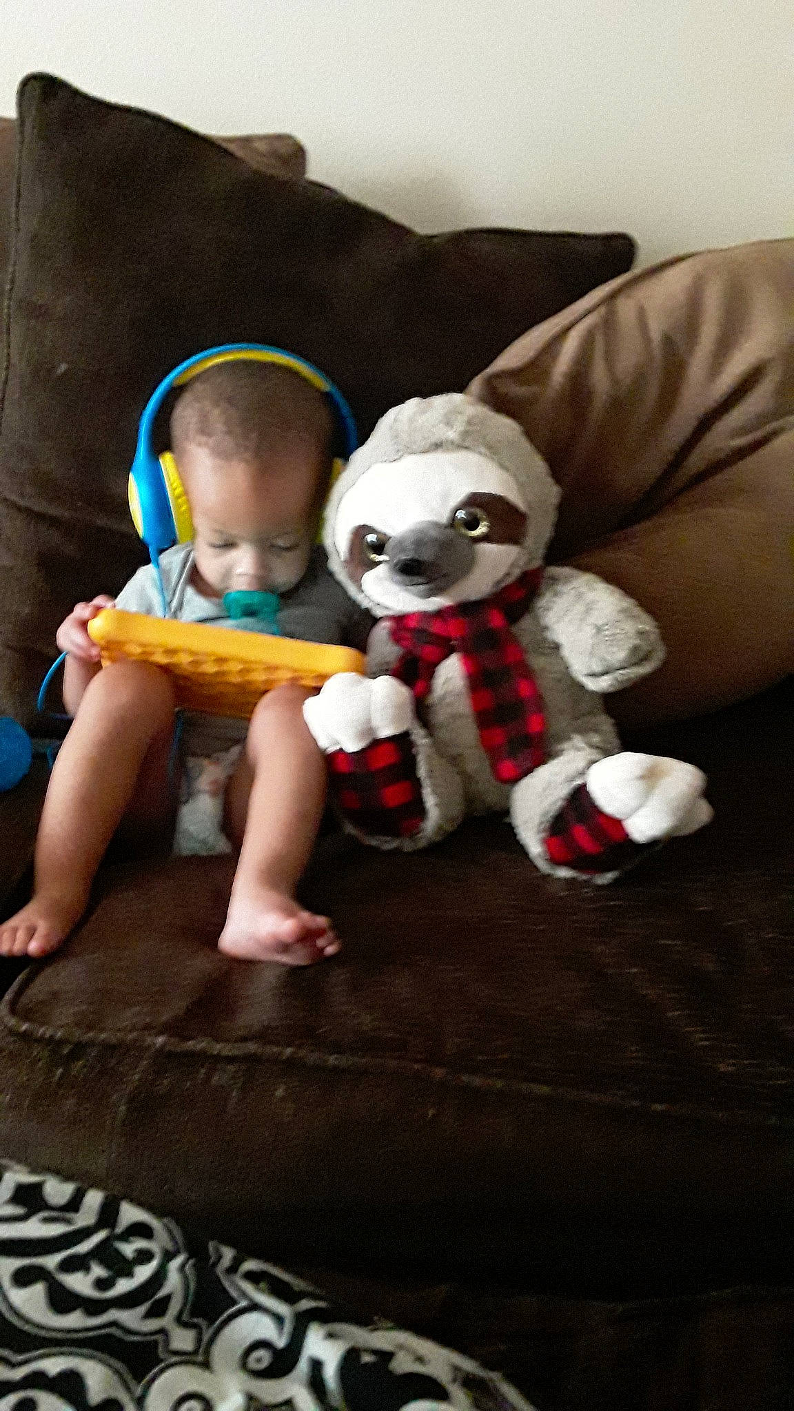 Josiah joined the competition — help win amazing prizes! baby, child, couch, fictional_character, leg, person, play, plush, sitting, stuffed_toy, technology, teddy_bear, toddler, toy