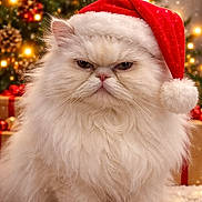 Shanel a rejoint le concours — aidez-le/la à gagner de superbes lots ! cat, white_cat, fluffy, santa_hat, christmas_tree, holiday, festive, decorations, lights, indoors, pet, cute, animal, winter, seasonal, celebration, grumpy, furry, background, closeup