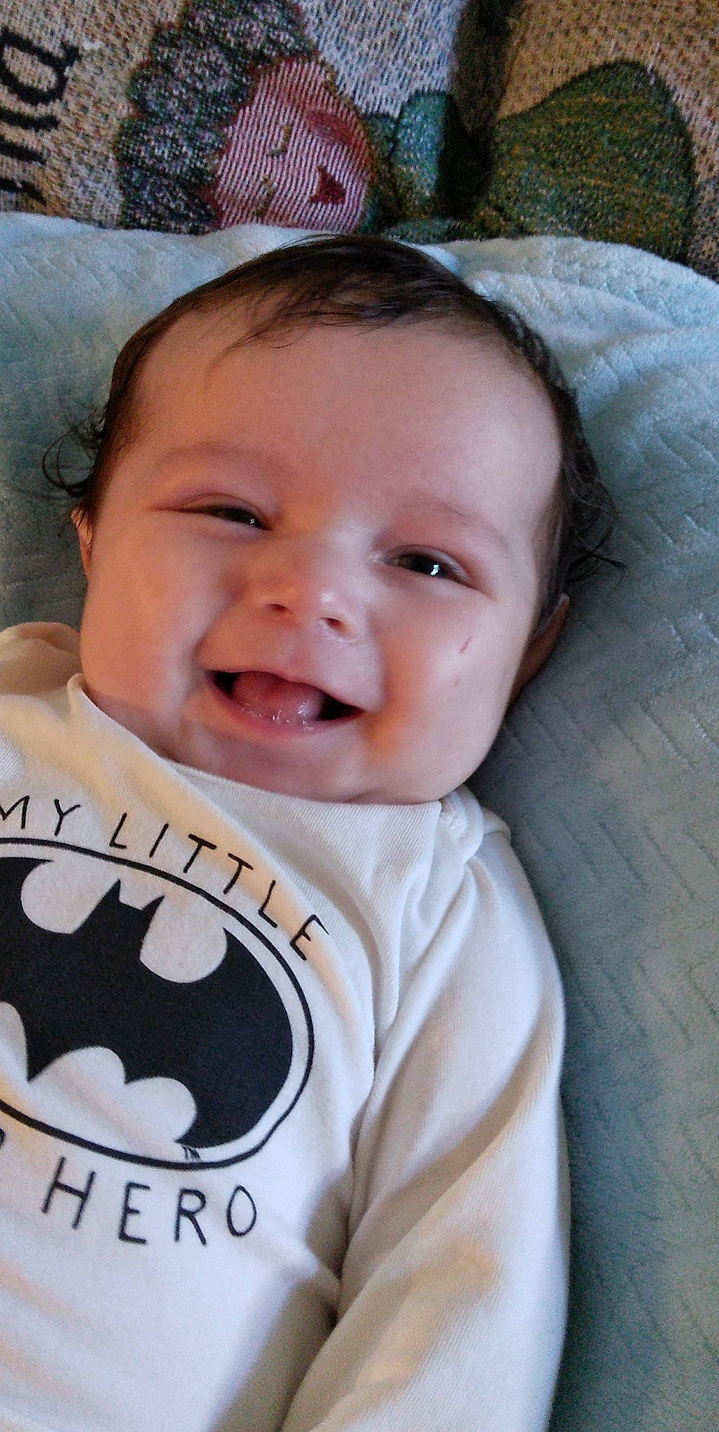 Jackson joined the competition — help win amazing prizes! baby, baby_toddler_clothing, cheek, comfort, eye, eyebrow, fun, happy, head, iris, linens, lip, mouth, nose, person, skin, sleeve, smile, t_shirt, textile