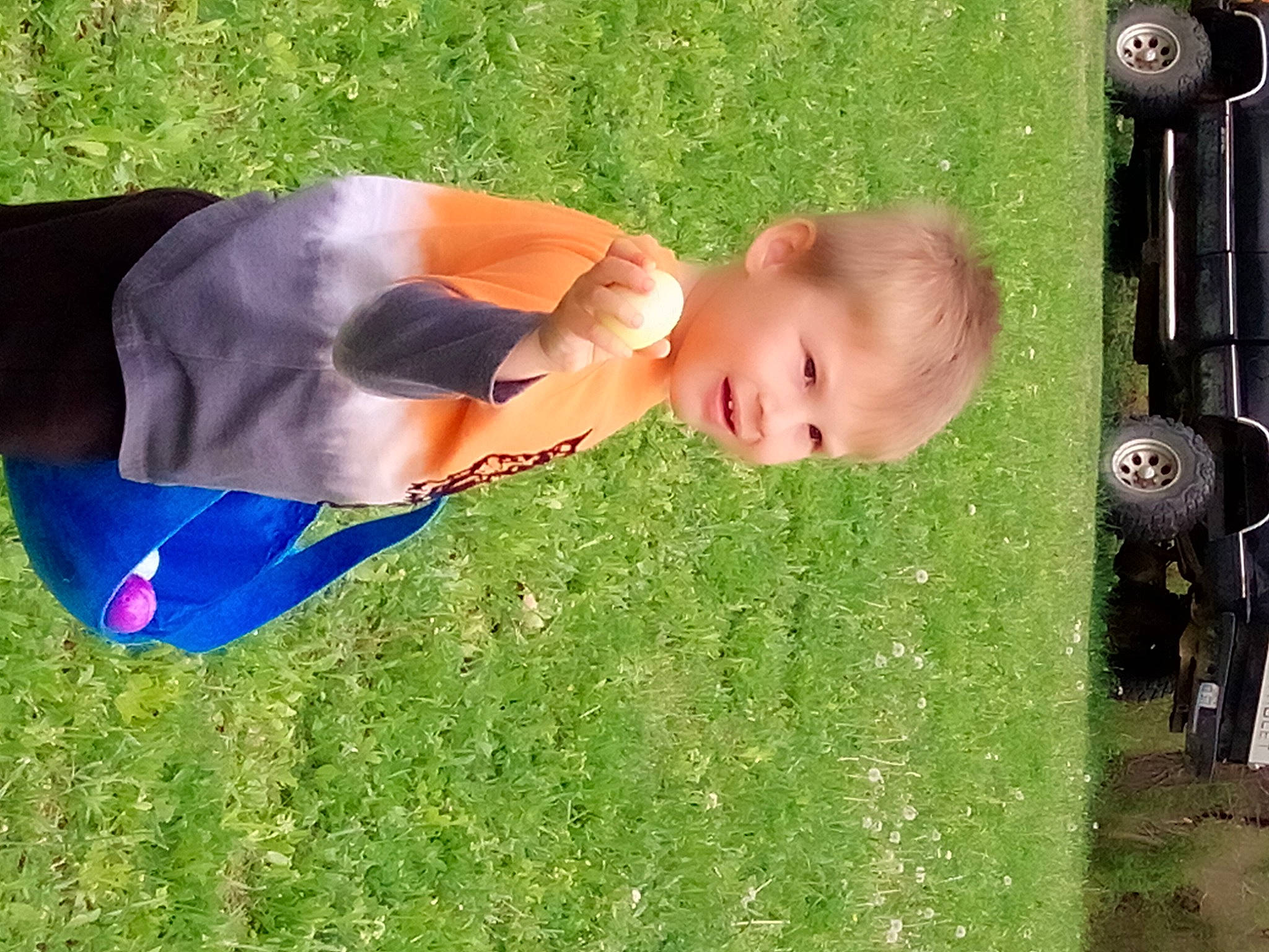 Jared is registered to the contest to win money with this photo: baby, child, electric_blue, flooring, fun, grass, grassland, happy, joy, lawn, leisure, people_in_nature, person, plant, play, recreation, sitting, toddler, tree, wood