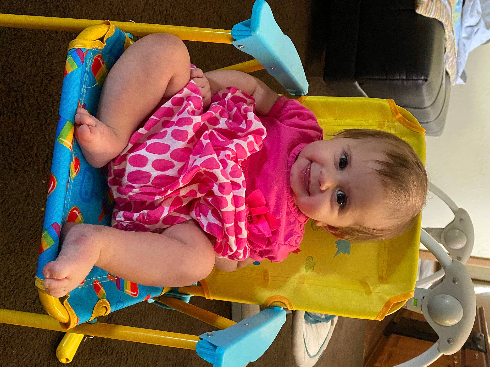 Scarlett joined the competition — help win amazing prizes! baby, baby_playing_with_toys, baby_products, baby_safety, baby_toddler_clothing, baby_toys, blue, child, fun, happy, joy, leisure, pattern, person, play, room, sitting, smile, toddler, toy