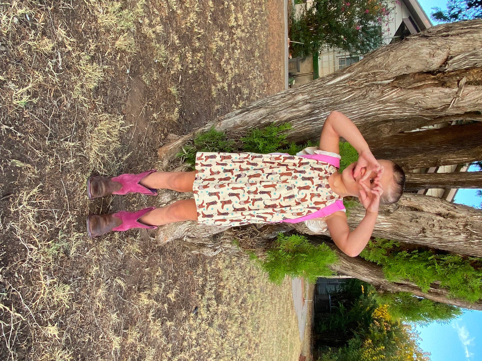 Lizzie is registered to the contest to win money with this photo: beauty, calf, fun, grass, happy, human_leg, landscape, leisure, magenta, pattern, people_in_nature, person, pink, plant, summer, thigh, tints_and_shades, tree, waist, wall