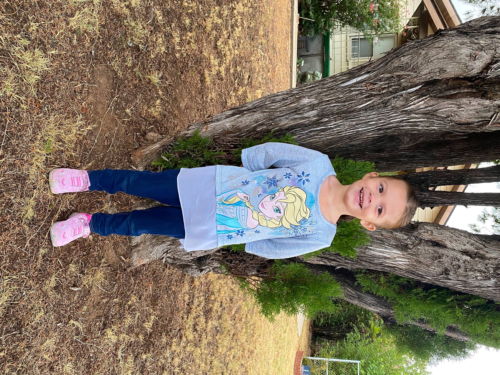 Lizzie joined the competition — help win amazing prizes! child, denim, electric_blue, fun, grass, happy, hat, joy, leisure, people_in_nature, person, plant, shadow, smile, soil, spring, toddler, tree, trunk, wood