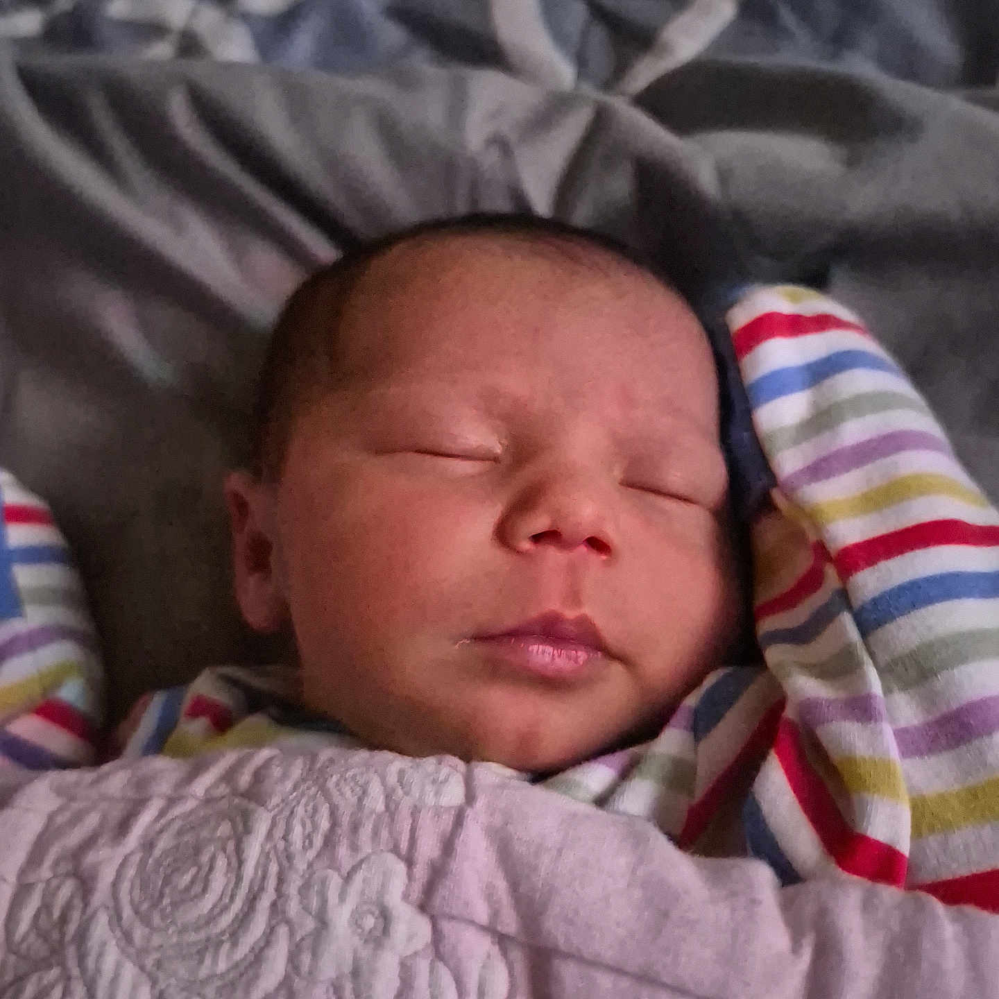 Kairi joined the competition — help win amazing prizes! baby, newborn, sleeping, blanket, quilt, face, infant, clothing, striped_sleeve, soft, rest, peaceful, closeup, portrait, bed, comfort, peace, child, young, cute