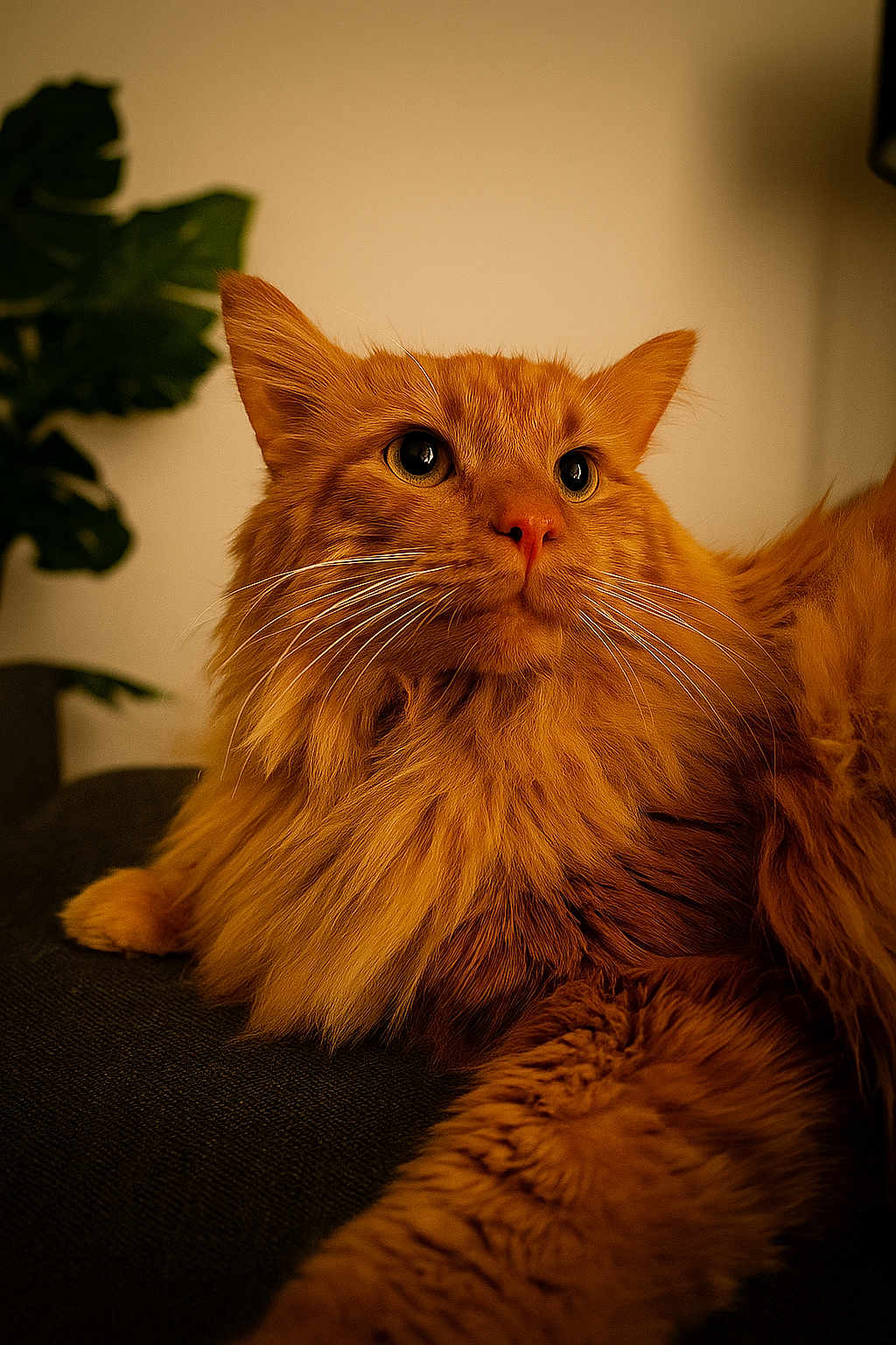 Fluffers joined the competition — help win amazing prizes! cat, orange_cat, fluffy, long_hair, pet, indoor, couch, furniture, plant, greenery, whiskers, portrait, animal, cute, relaxed, cozy, domestic_cat, feline, close_up, warm_lighting