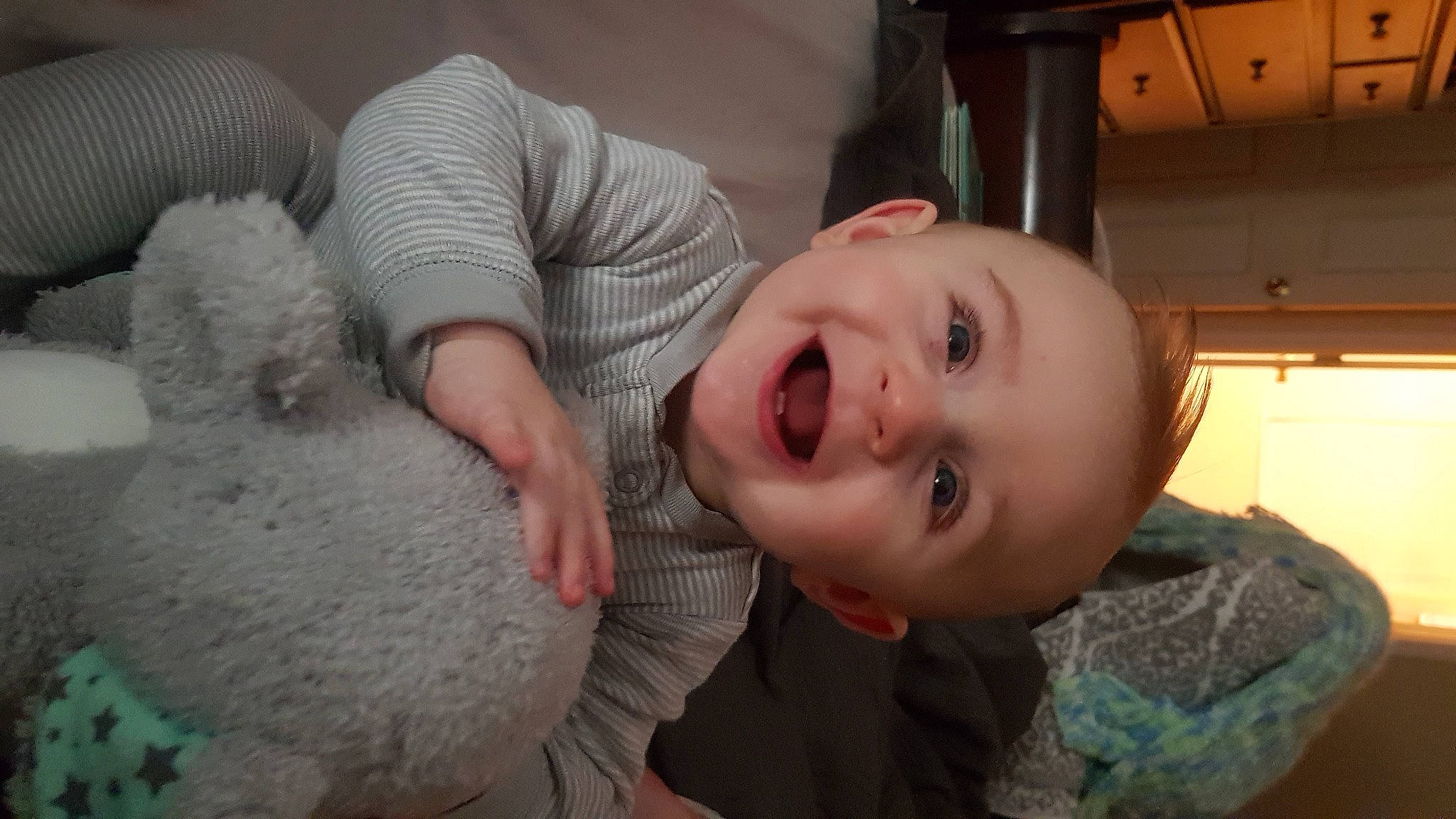 Ayden is registered to the contest to win money with this photo: baby, baby_laughing, cheek, child, comfort, eye, fun, fur, happy, mammal, mouth, nose, organ, people, person, skin, smile, stuffed_toy, teddy_bear, toddler
