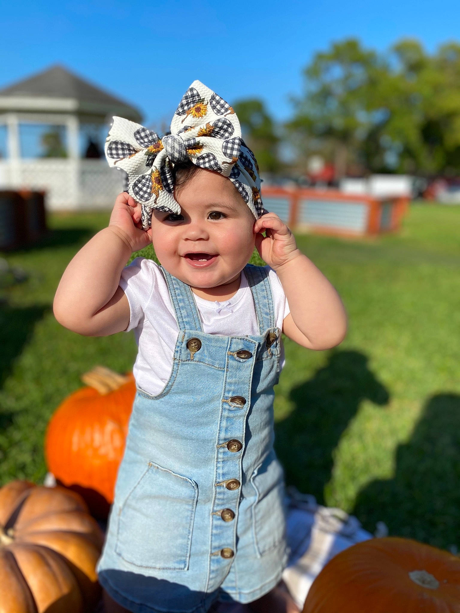 Kaisley is registered to the contest to win money with this photo: calabaza, cucurbita, eye, face, fruit, fun, gourd, grass, happy, headpiece, headwear, jeans, joy, leaf, leisure, people, person, plant, pumpkin, squash