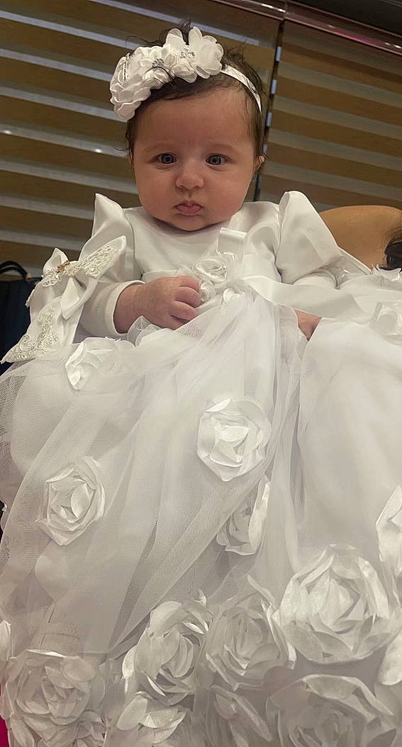 Sofia joined the competition — help win amazing prizes! baby, baby_toddler_clothing, bridal_accessory, bridal_veil, child, dress, embellishment, event, eye, eyelash, face, flash_photography, happy, headband, headgear, headpiece, iris, jewellery, person, tiara